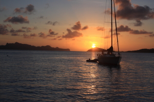 Sailing yacht Chao Lay at sunset in Grenada and the Grenadines.