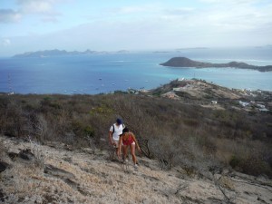 Hiking up Petite Martinique Summit.