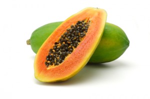 The inside of a papaya or paw-paw fruit.