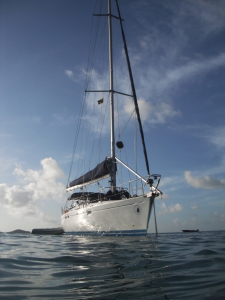 Sailing yacht Chao Lay at anchor in the Grenadines.