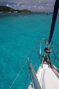 Picking up a mooring buoy under sail in the Tobago Cays.