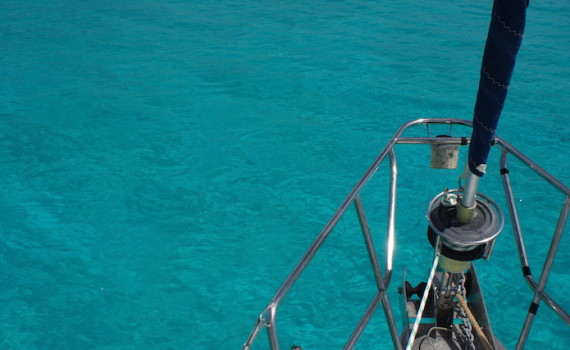 Picking up a mooring buoy under sail in the Tobago Cays.
